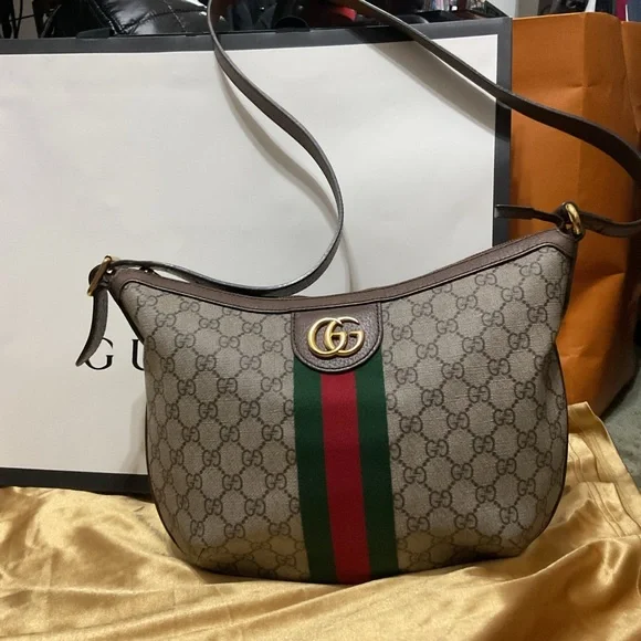 Gucci Beige and Brown Ophidia GG Shoulder Bag with Red and Green Stripe - Picture 4 of 16